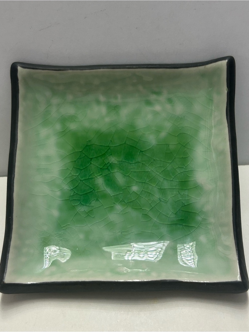 Vintage Crackle Glaze Plate Green Ceramic Square Made in Japan Trinket Dish